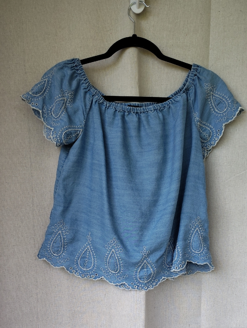 Forever 21 Light Blue Chambray Embroidered Off-Shoulder Top